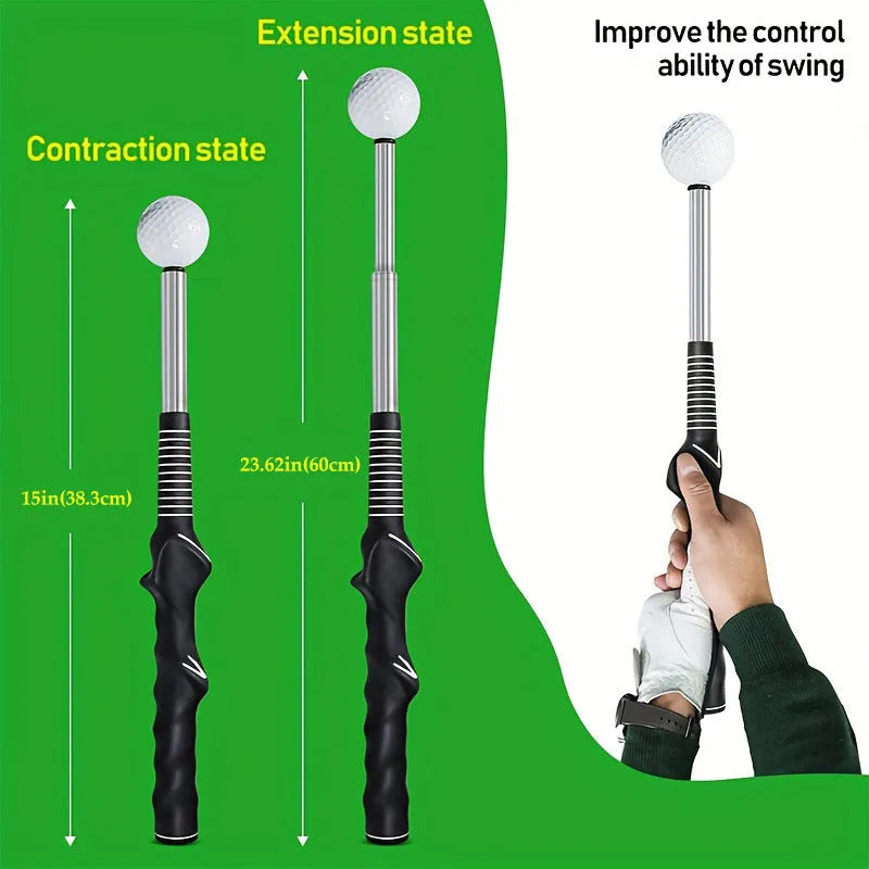 Stainless steel telescopic golf swing trainer in black, blue, and red colour options.