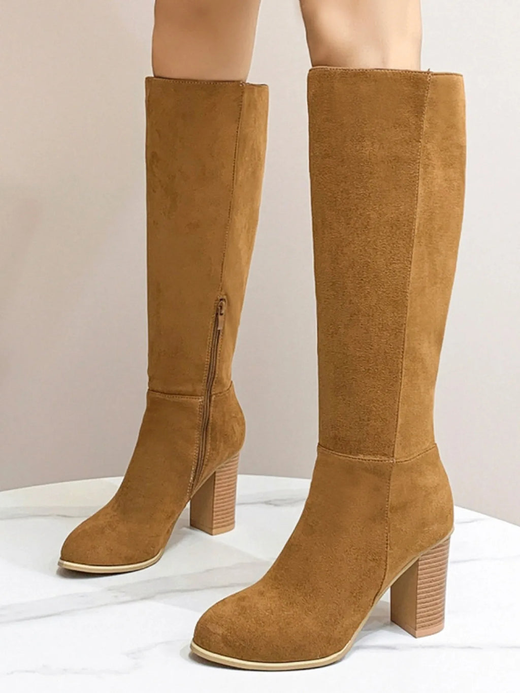 Women's square toe high heel fashion boots in artificial PU leather available in black and dark brown