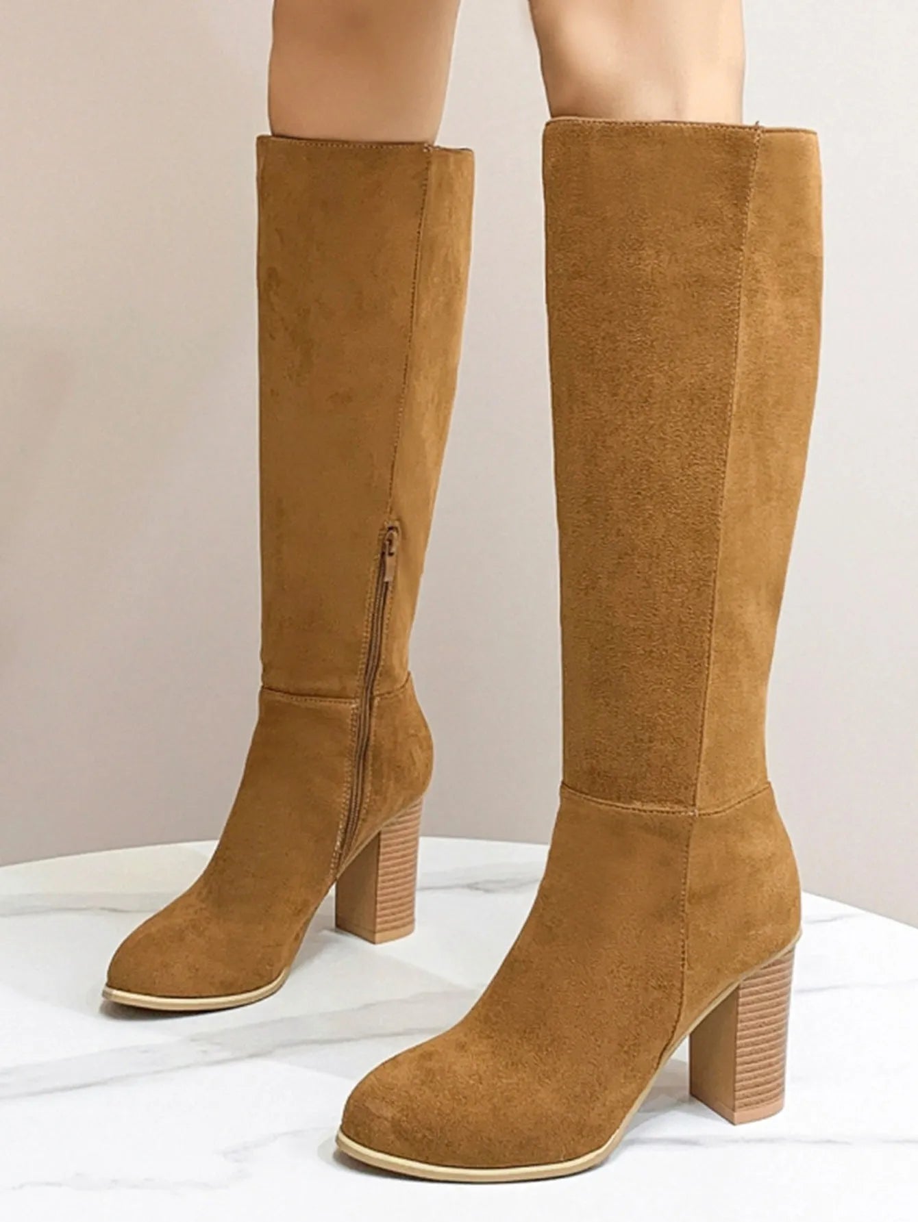 Women's square toe high heel fashion boots in artificial PU leather available in black and dark brown