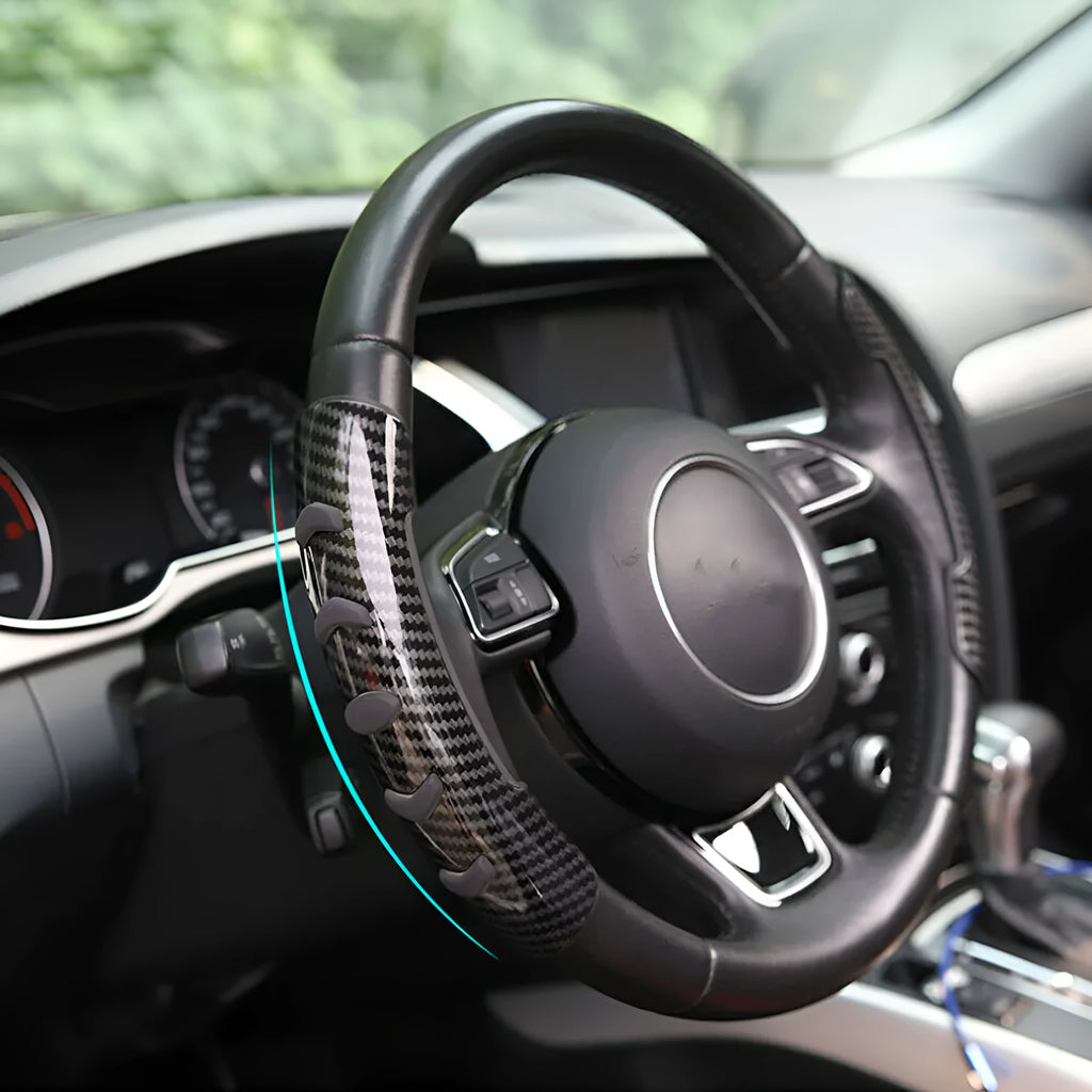 Carbon fibre black steering wheel anti-slip sleeve on 38cm diameter wheel