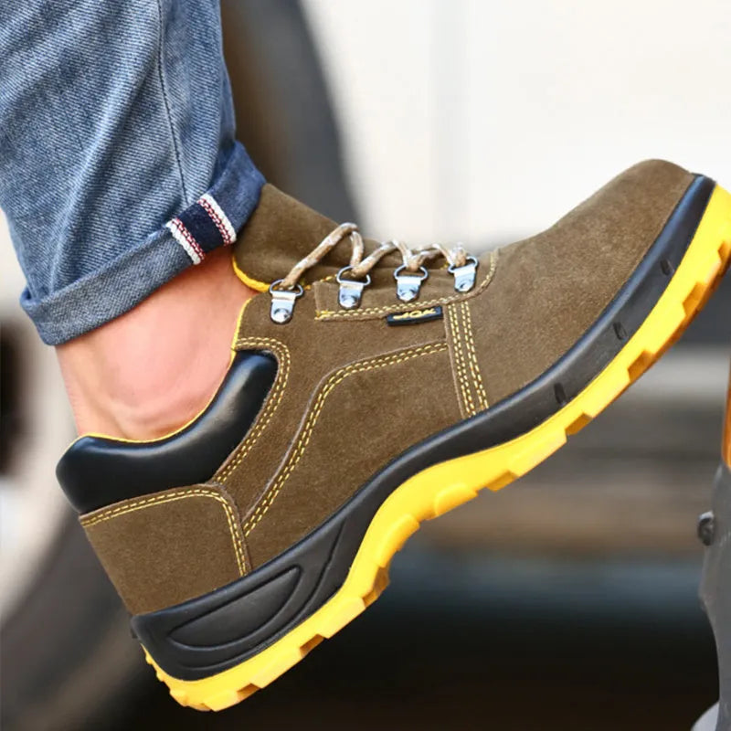 Bronze cowhide leather steel toe safety shoes with anti-skid sole shown in low cut design