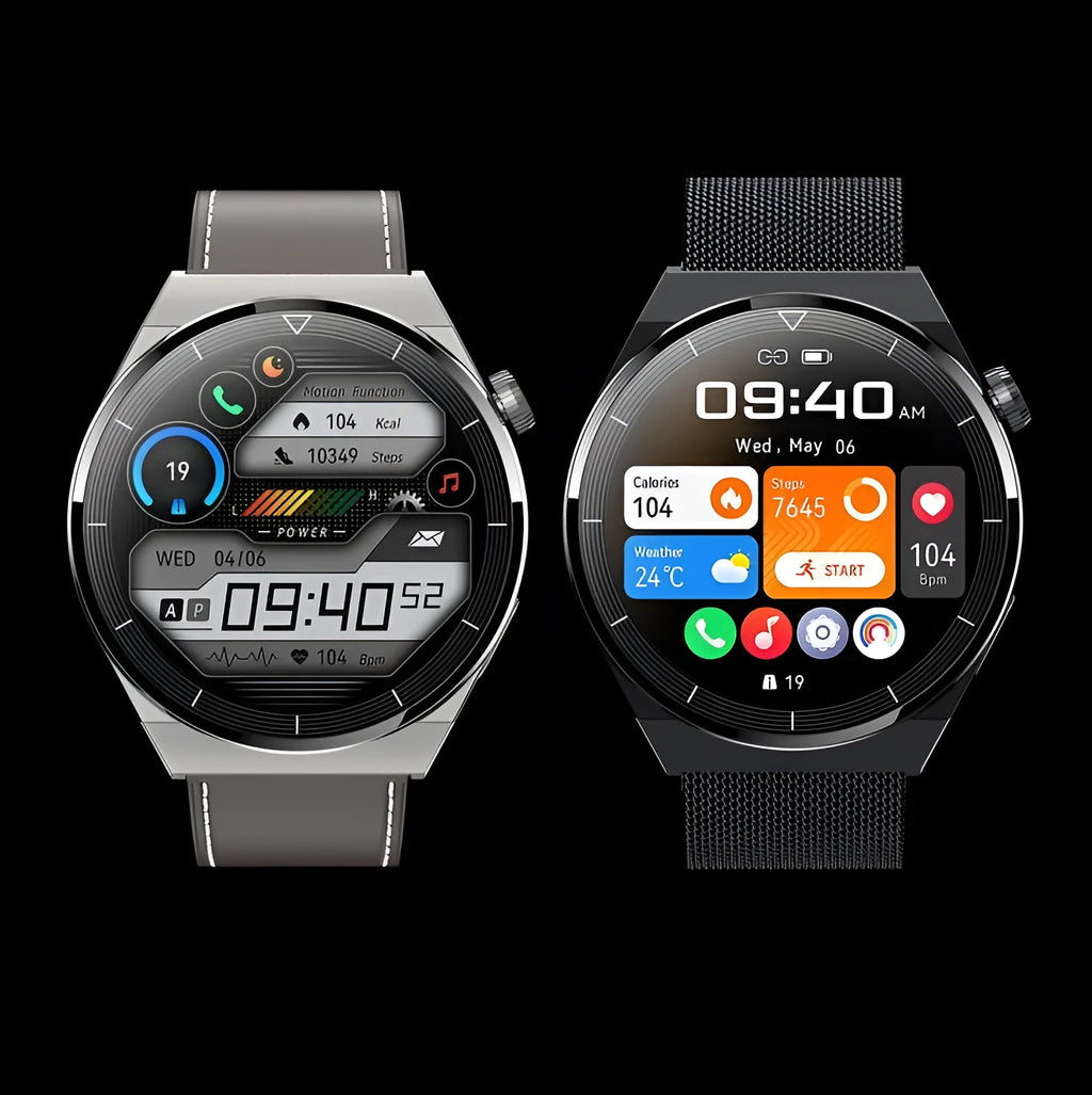 Black and silver Android smart watch with circular screen and silicone band for Bluetooth calls and NFC access.
