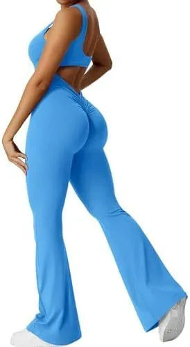 Women's sleeveless flare jumpsuit long pants in Army Green colour for yoga fitness.