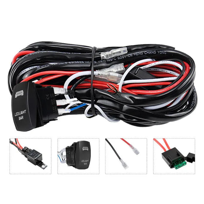 Black off road LED spotlight cable harness with switch for vehicle modification