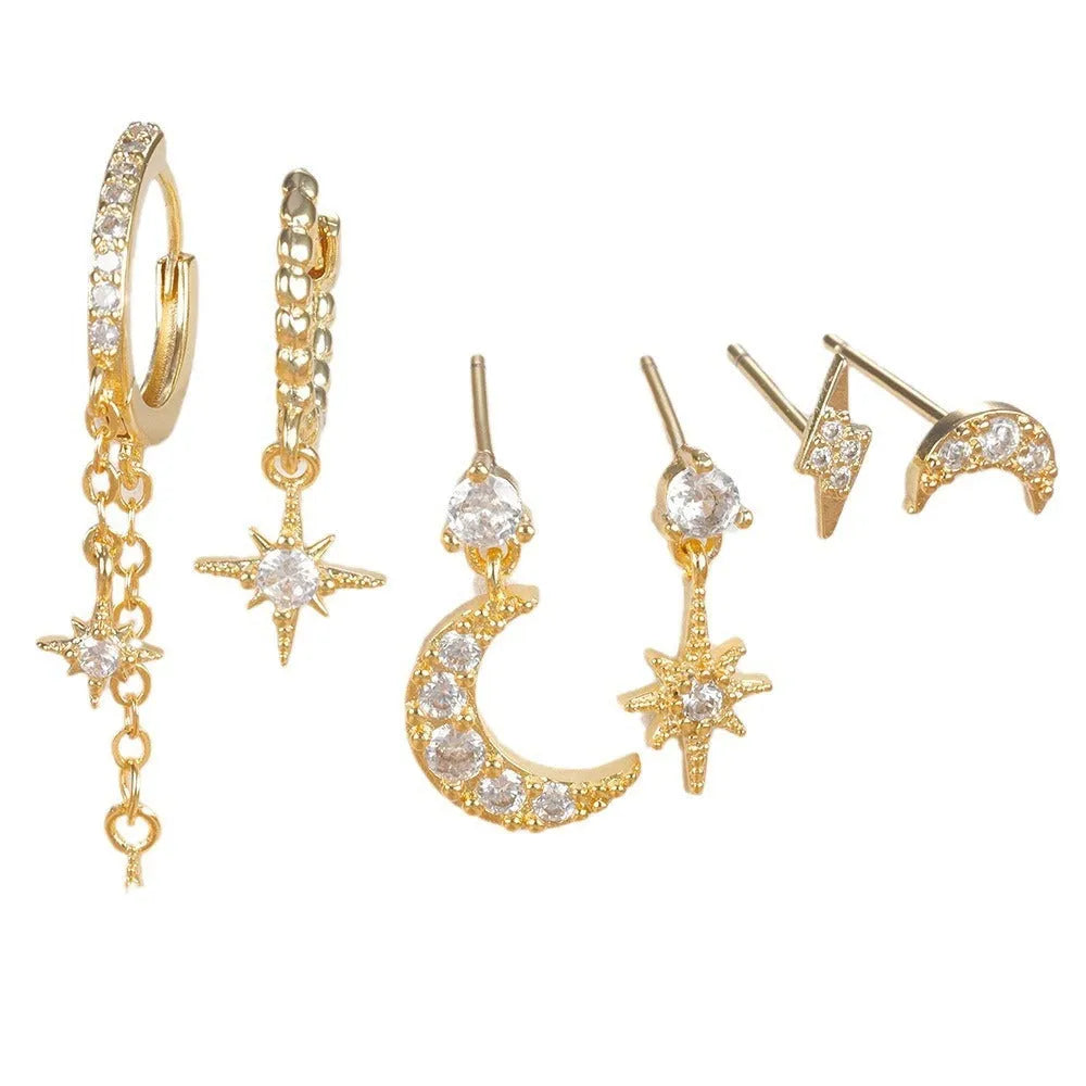 XINGX six piece gold electroplated chain tassel earrings set with zircon details on copper