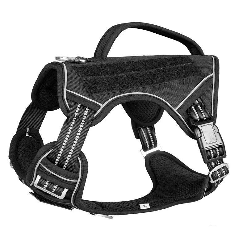 Tactical dog chest harness in Oxford cloth for search and rescue work, shown in camouflage colour.