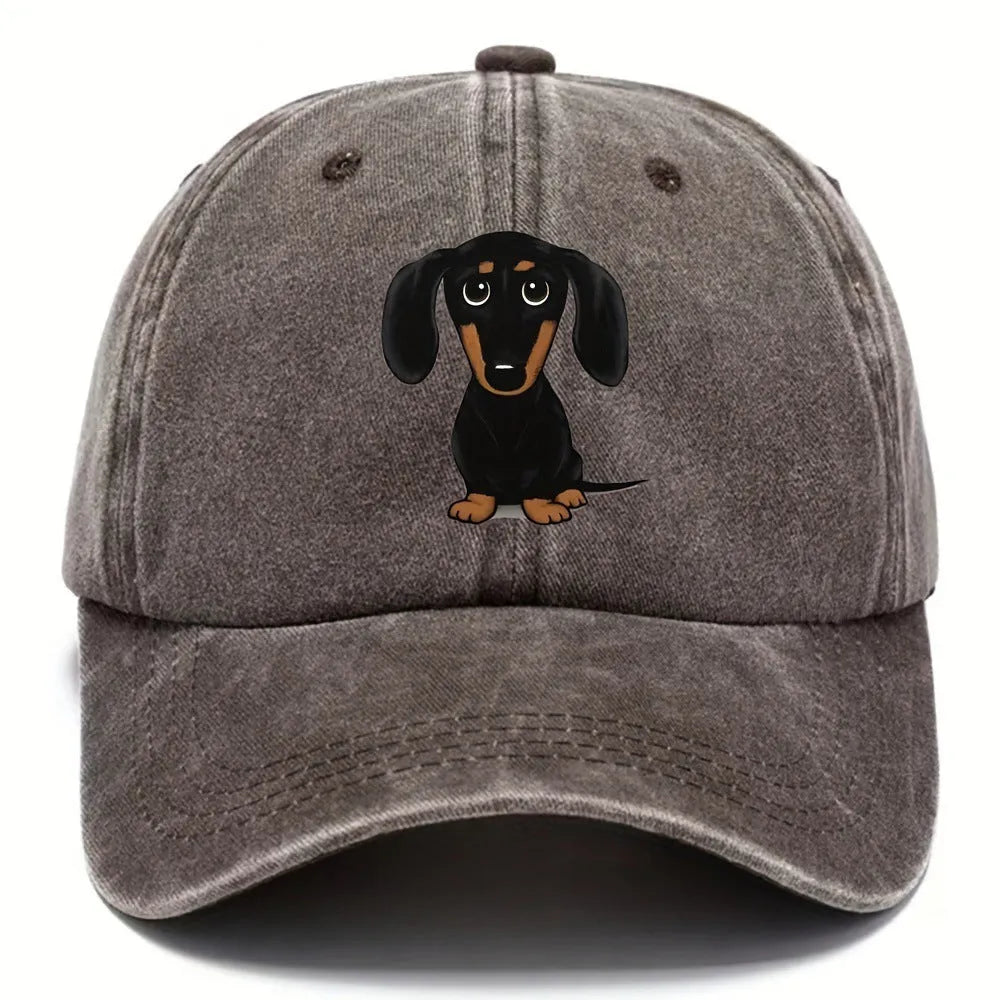 Retro cotton baseball cap with embroidered Dachshund design on dome crown, size M fits 56-58cm head circumference