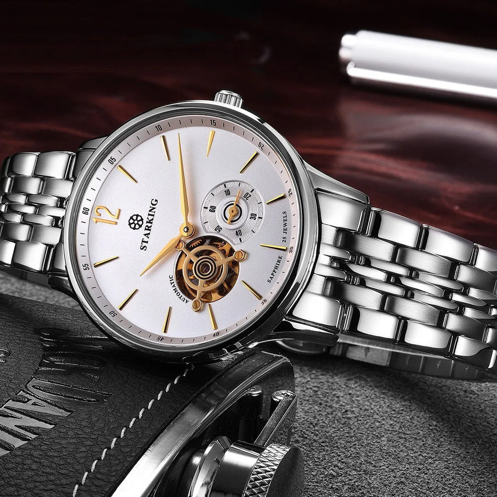 Men's automatic mechanical business watch with stainless steel case and brown leather strap