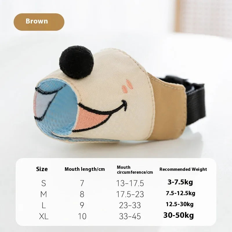 Canvas dog muzzle mouth cover in Ollie Brown Bear design showing size comparison for dogs 3kg to 50kg