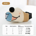 Canvas dog muzzle mouth cover in Ollie Brown Bear design showing size comparison for dogs 3kg to 50kg