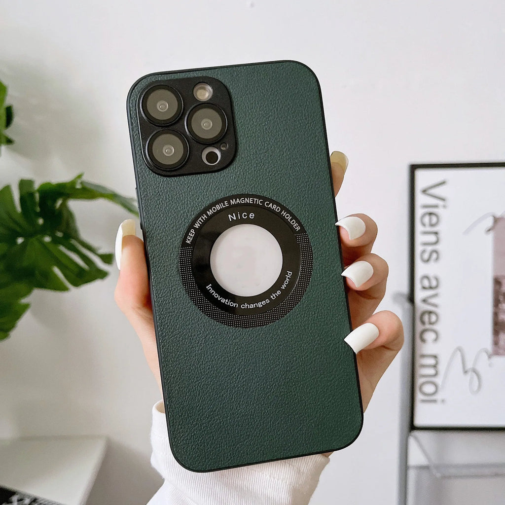 iPhone 15 Pro litchi grain leather magnetic suction phone case in black showing back cover texture