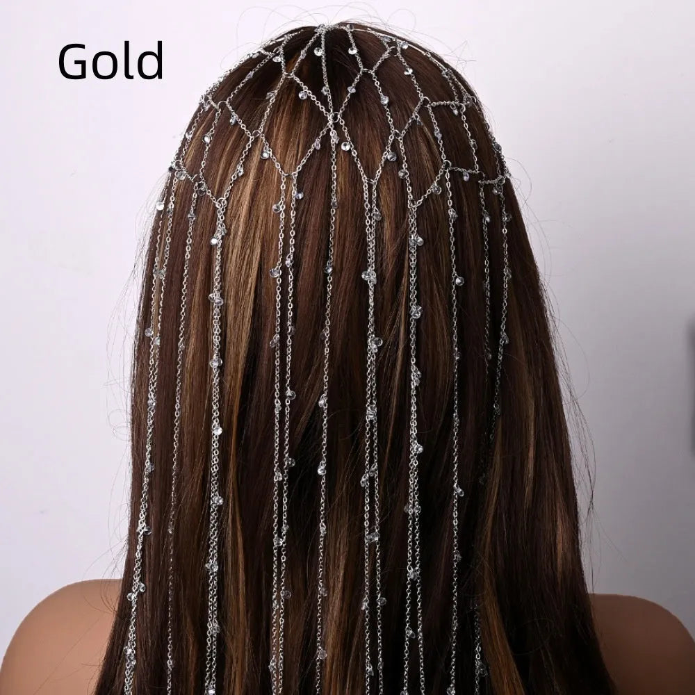 Gold metallic mesh hair band with rhinestones and chain tassel decoration