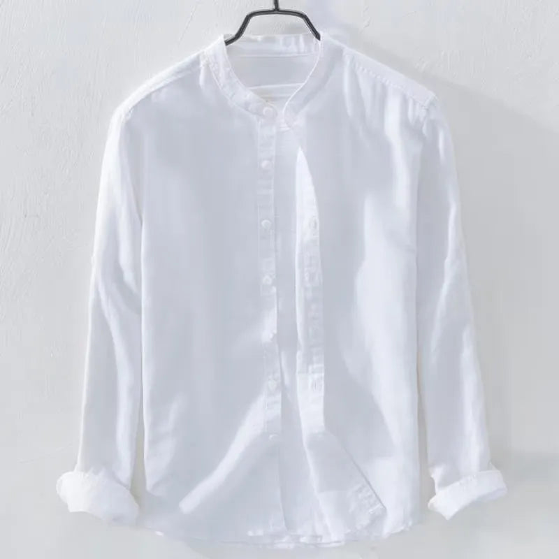 Loose casual long sleeve shirt in cotton linen fabric showing solid colour design