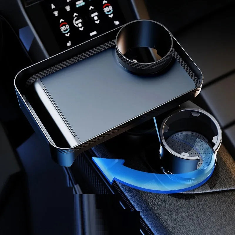 Black ABS plastic car dinner tray holder rotating in a vehicle cup holder.