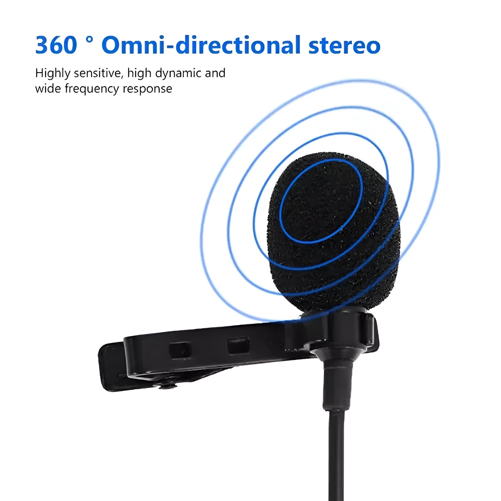 White lavalier lapel clip microphone with long cable and in-ear earpieces next to an iPhone.
