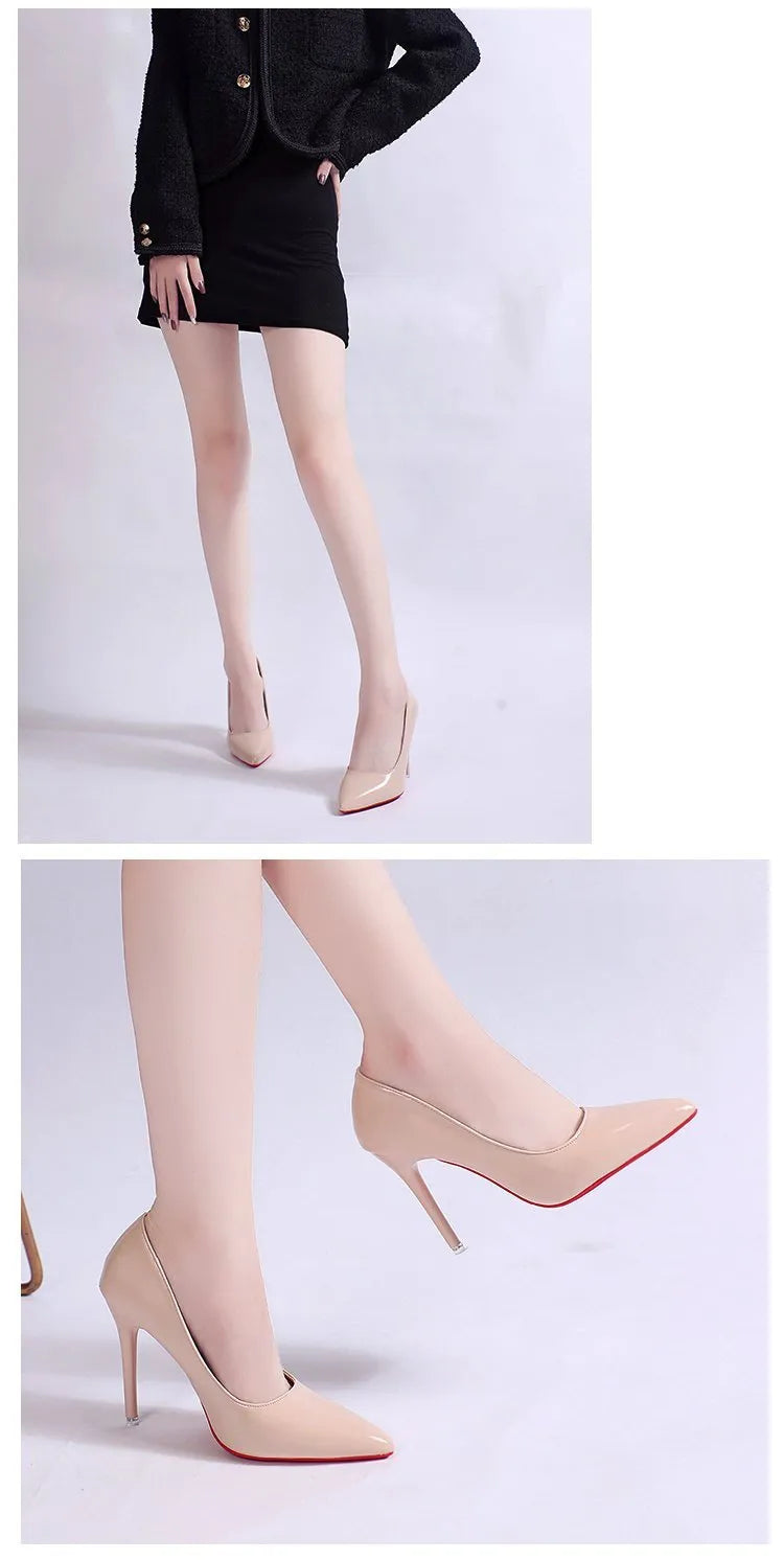 Women's solid colour stiletto heel pump with pointed toe and shallow mouth cut on a rubber sole.