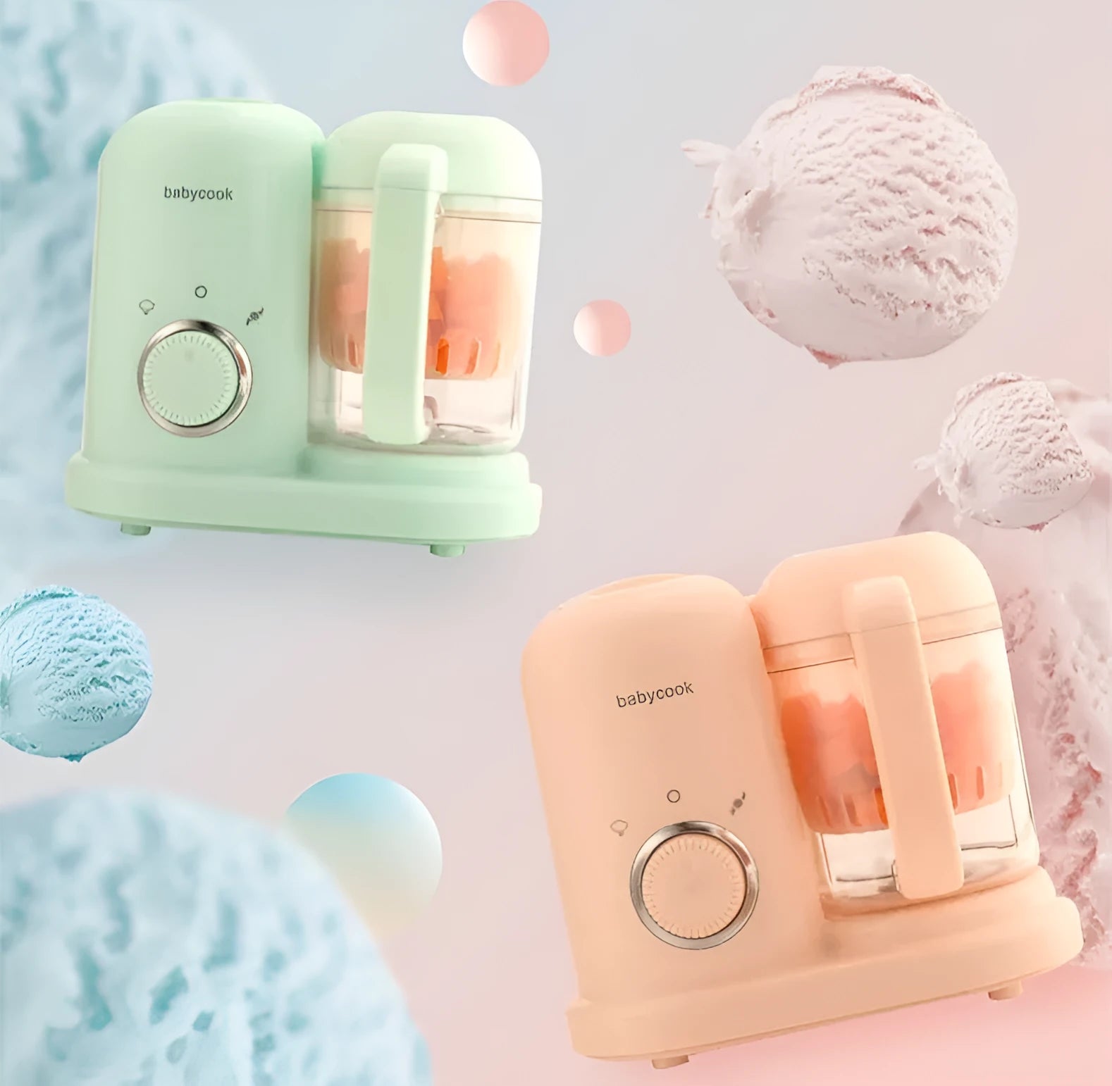 Baby food processor with steamer and blender functions in green or pink, showing dual mixing blades