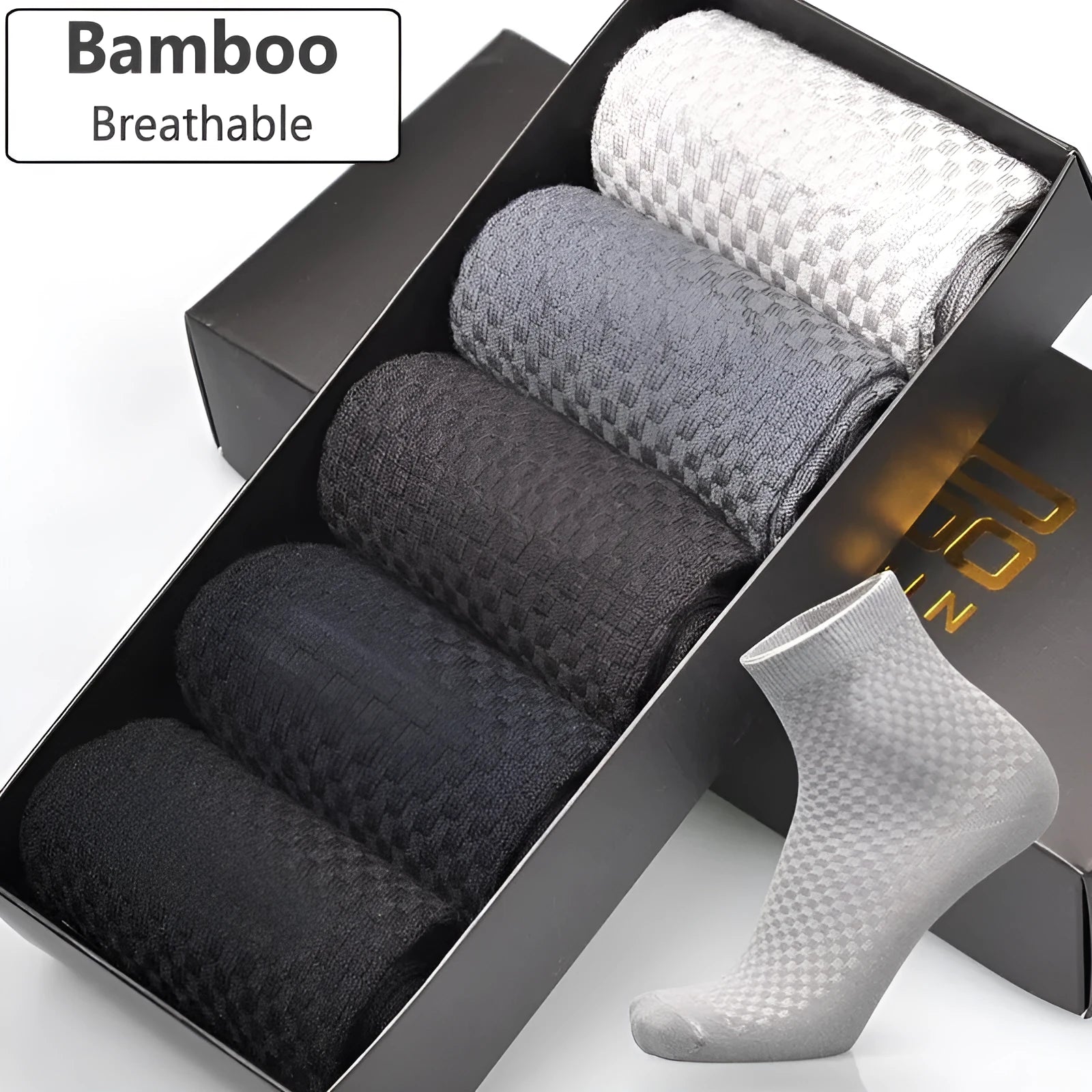 Men's bamboo fibre business socks with small square pattern in black, grey blue, iron grey, navy blue, and silver grey colours