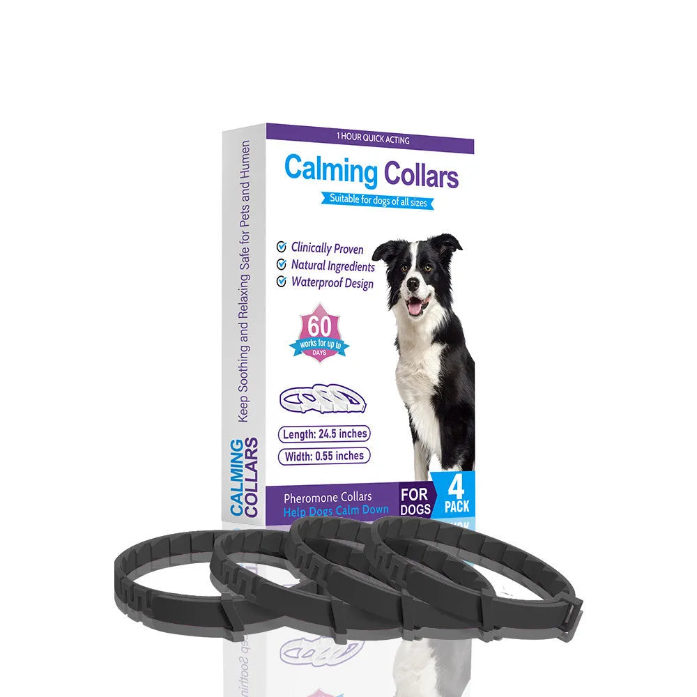 Four dog anxiety relief collars in different colours with monochrome Chinese style pattern
