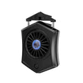 Black and white USB mobile phone radiator with aluminium cooling fins and 30mm fan measuring 66mm square