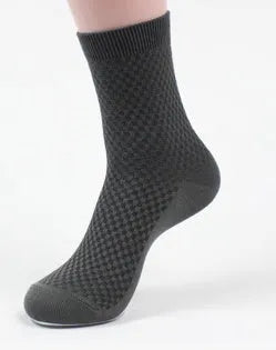 Men's bamboo fibre business socks with small square pattern in black, grey blue, iron grey, navy blue, and silver grey colours