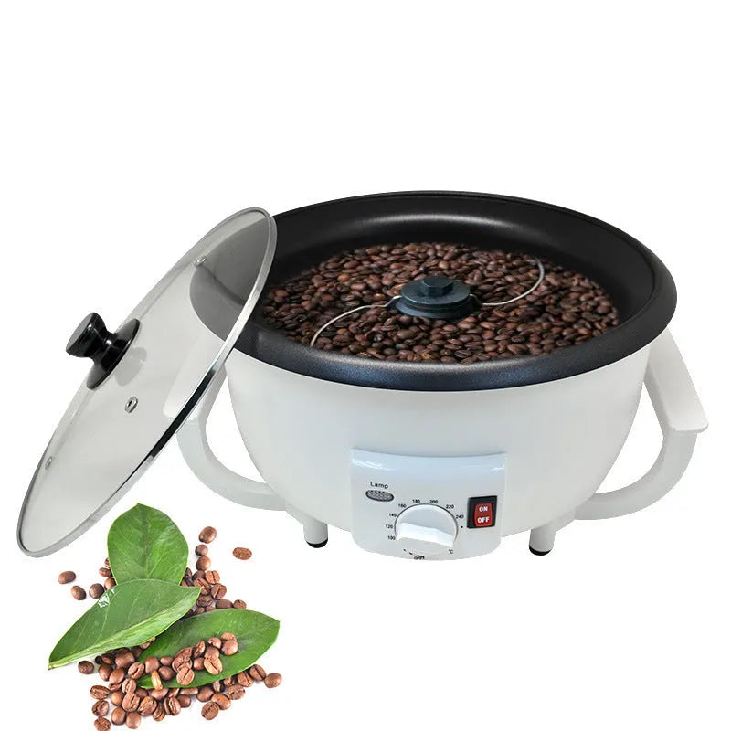 White electric coffee bean roasting machine with 750g capacity and oblate drum design on kitchen counter