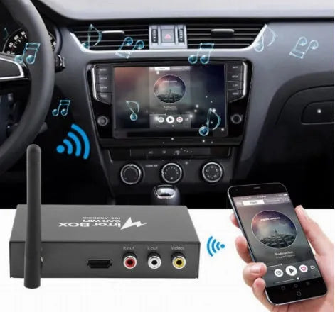 Black car mirror link box converter unit with power cable, AV cable, antenna, and user manual for smartphone screen mirroring.