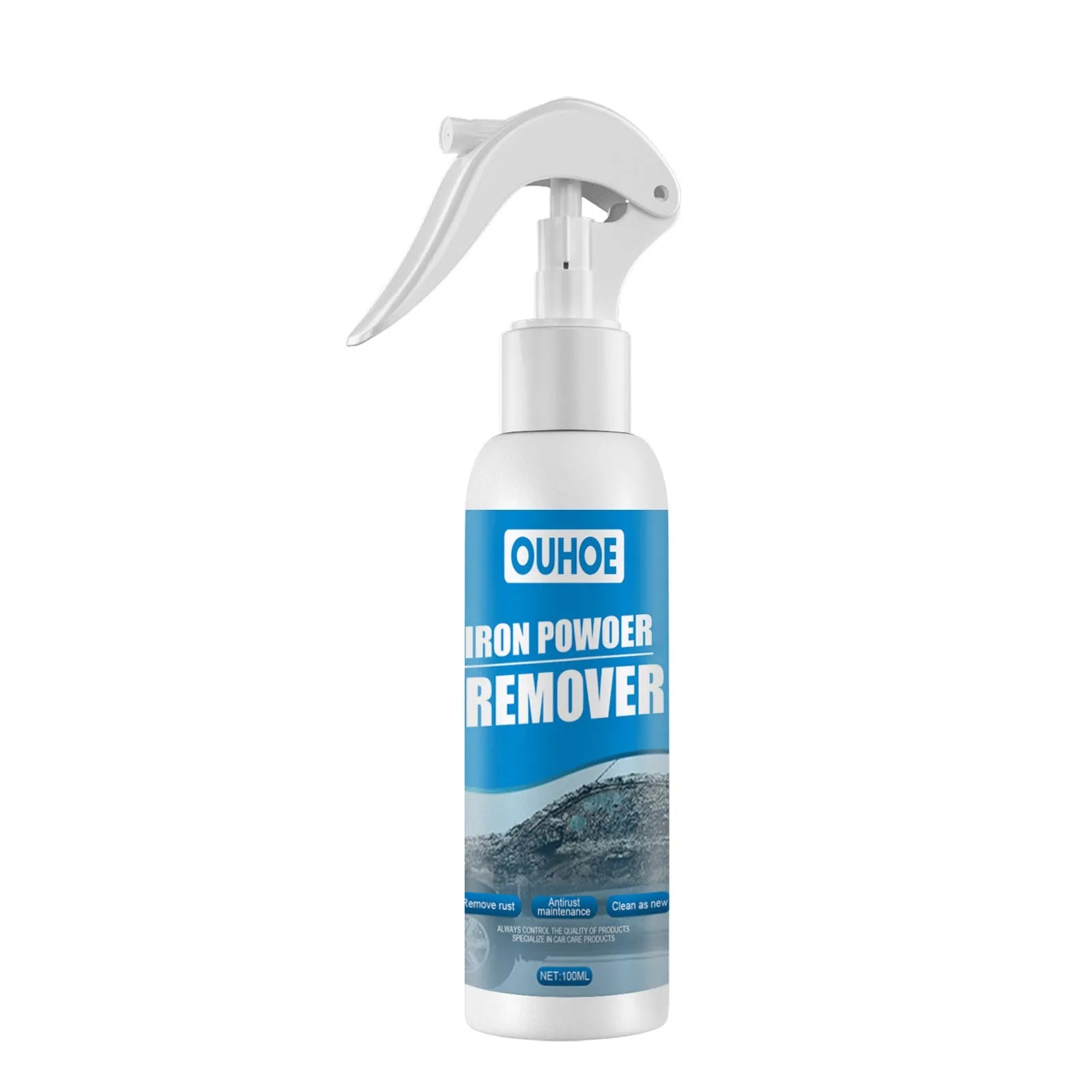 Automotive iron powder rust remover spray bottle with blue square sponge applicator for car surface treatment