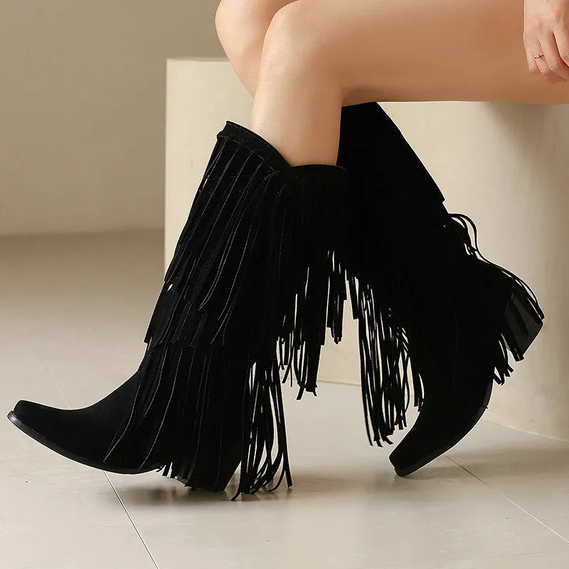 Women's suede high boots with chunky heel and tassel detail in multiple colours