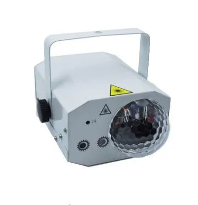 Black and white LED laser magic fan stage light with remote control on a dark background.