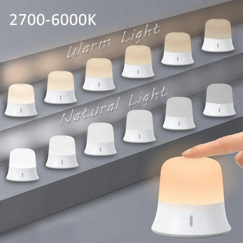 White bedside night light with touch controls, motion sensor, and rechargeable battery for nursery use.
