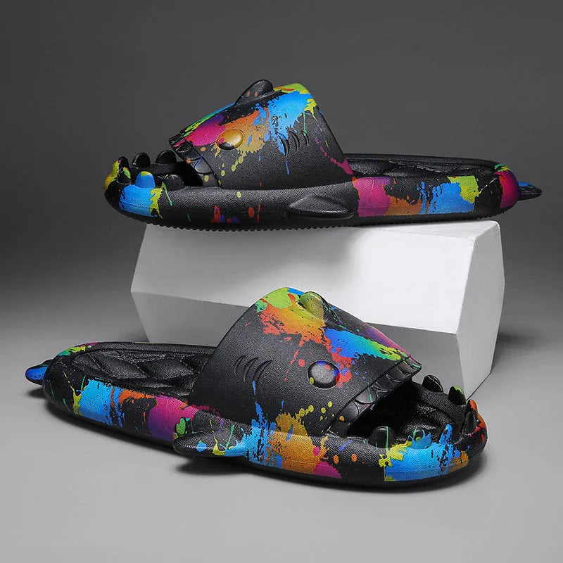 Shark-themed couple slippers with open toe design and EVA upper in multiple colour options