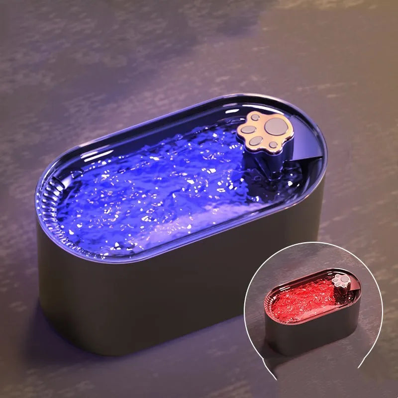 Blue automatic cat water fountain with 3L capacity, LED light, and triple filter system