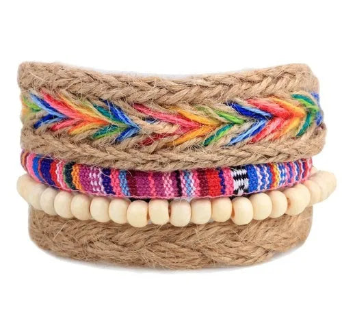 Hand-woven brown leather wrap bracelet with wooden beads on a 6cm adjustable band.