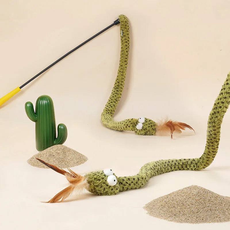 Green snake cat teasing stick toy with feather attachment on 140cm long pole