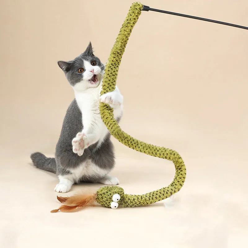 Green snake cat teasing stick toy with feather attachment on 140cm long pole