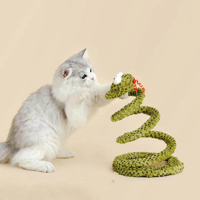 Green snake cat teasing stick toy with feather attachment on 140cm long pole