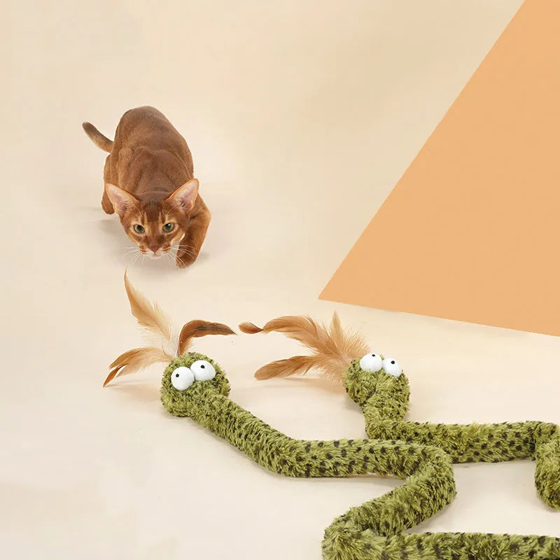 Green snake cat teasing stick toy with feather attachment on 140cm long pole