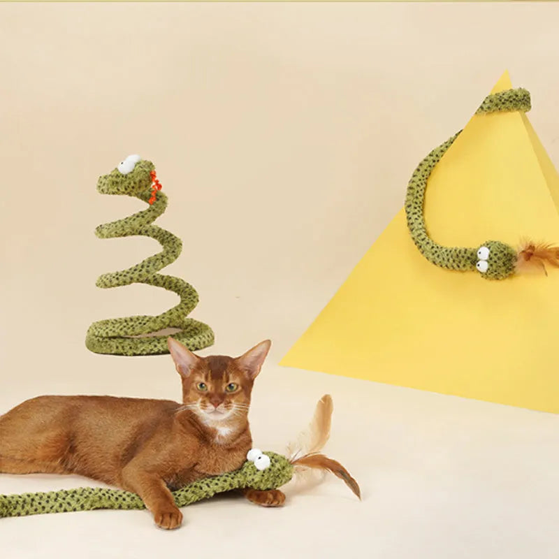 Green snake cat teasing stick toy with feather attachment on 140cm long pole