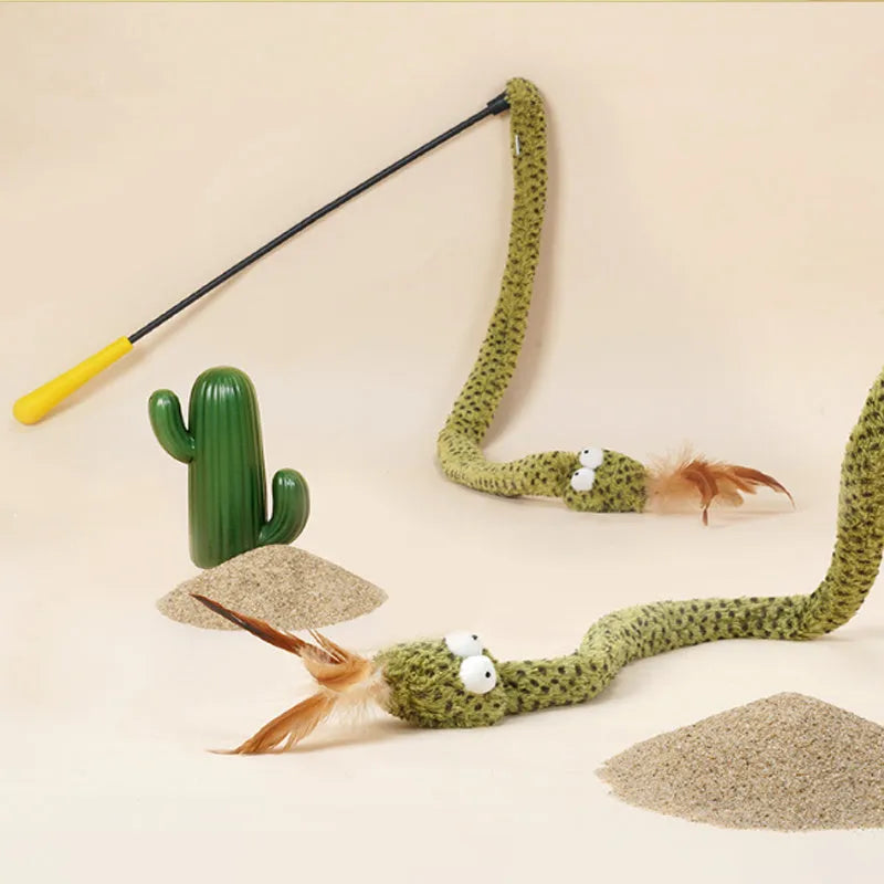 Green snake cat teasing stick toy with feather attachment on 140cm long pole