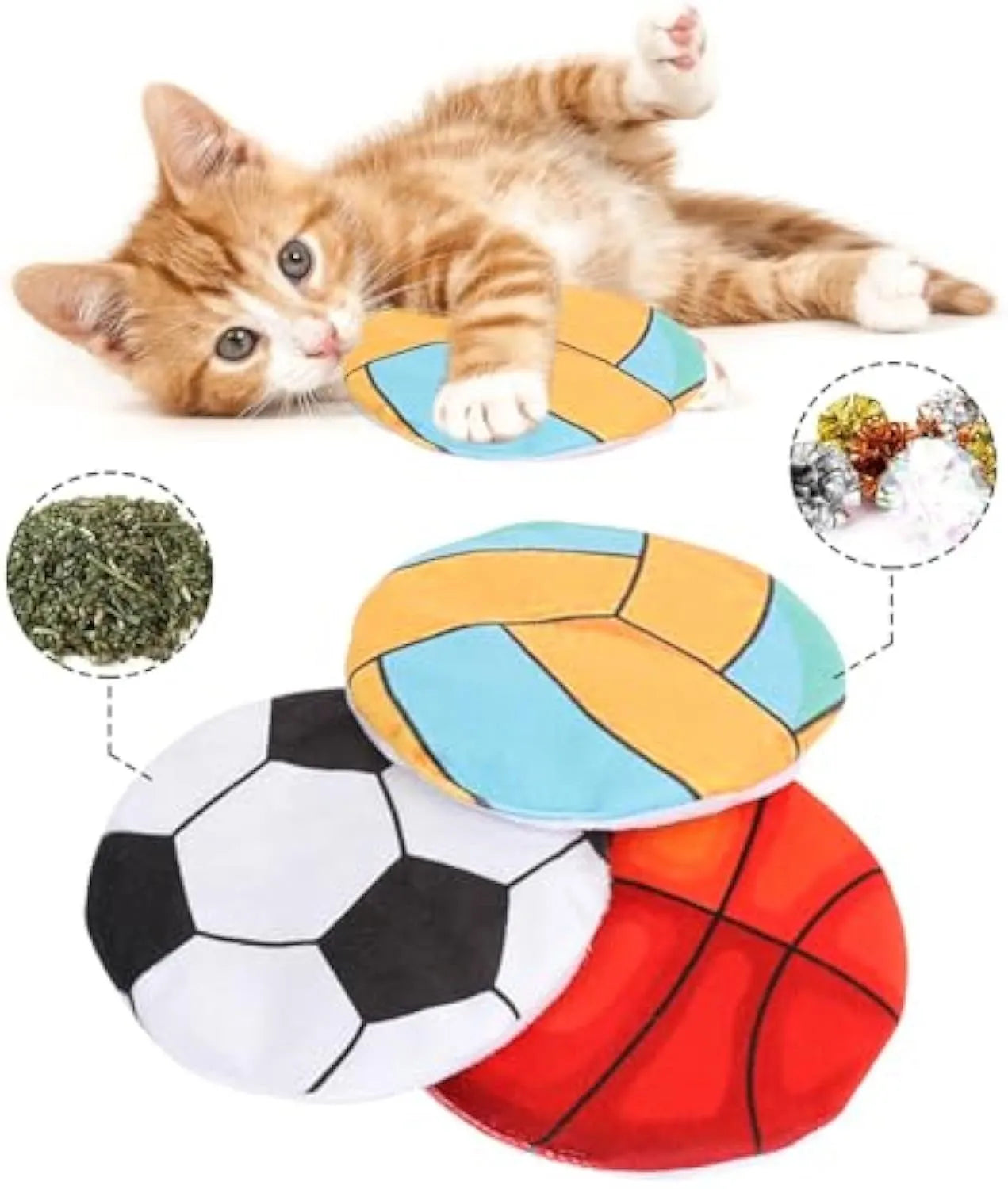 Flat, plush cat toy with a sports ball pattern, featuring catnip and a crinkle sound layer inside.