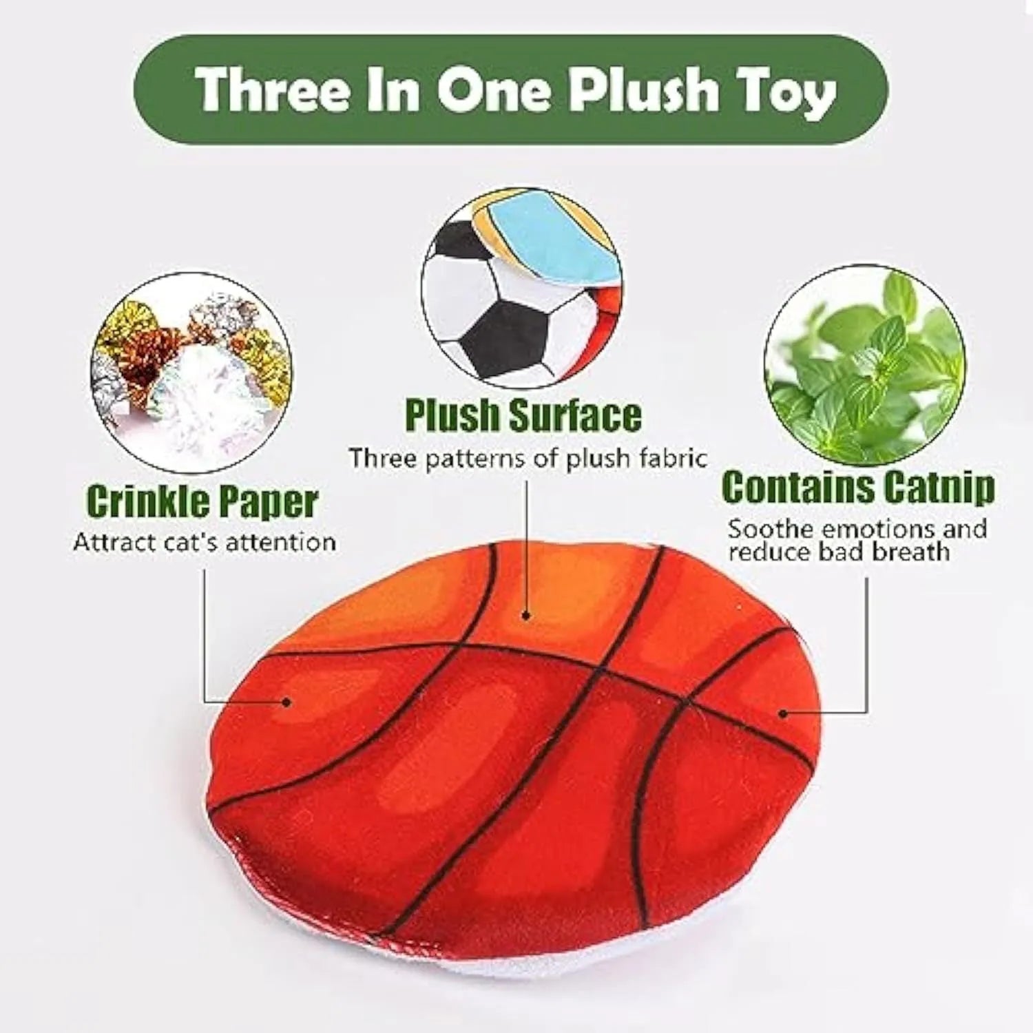 Flat, plush cat toy with a sports ball pattern, featuring catnip and a crinkle sound layer inside.