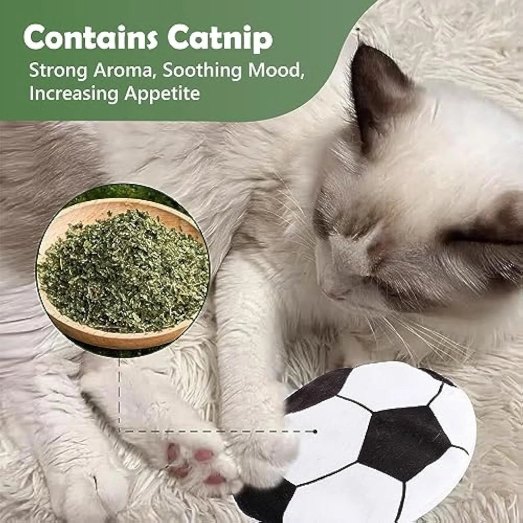 Flat, plush cat toy with a sports ball pattern, featuring catnip and a crinkle sound layer inside.