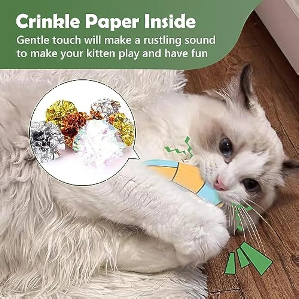 Flat, plush cat toy with a sports ball pattern, featuring catnip and a crinkle sound layer inside.