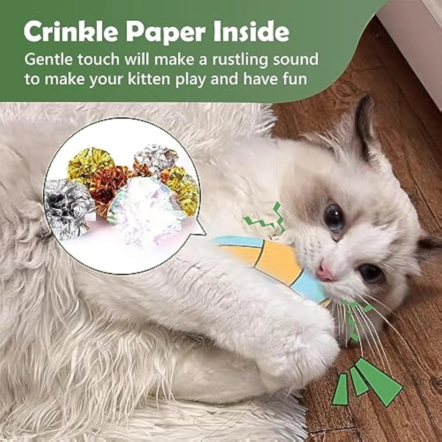 Flat, plush cat toy with a sports ball pattern, featuring catnip and a crinkle sound layer inside.