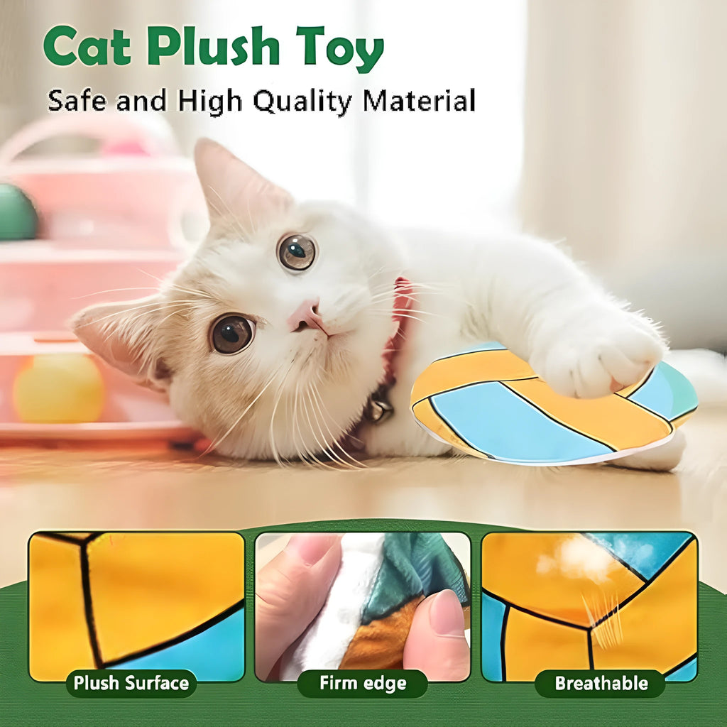 Flat, plush cat toy with a sports ball pattern, featuring catnip and a crinkle sound layer inside.