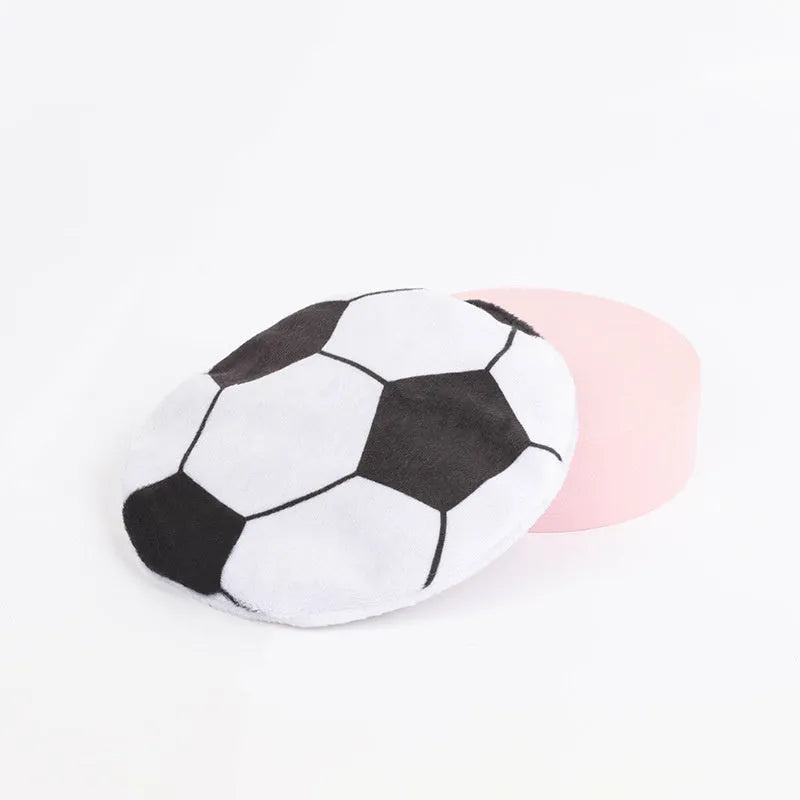 Flat, plush cat toy with a sports ball pattern, featuring catnip and a crinkle sound layer inside.