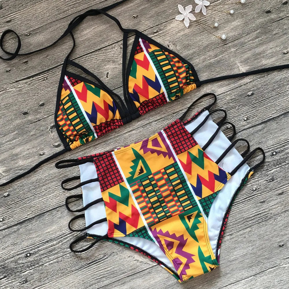 Women's digital print high-waist bikini swimsuit with backless design and quick-dry polyester fabric