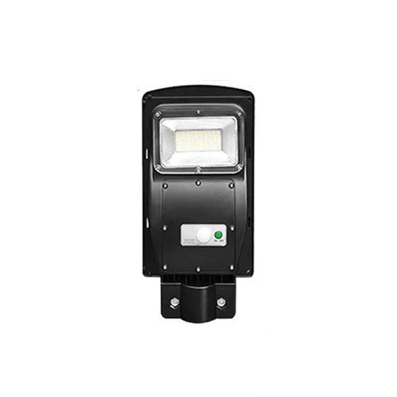 Integrated solar-powered street light with LED panel and remote control for outdoor use.