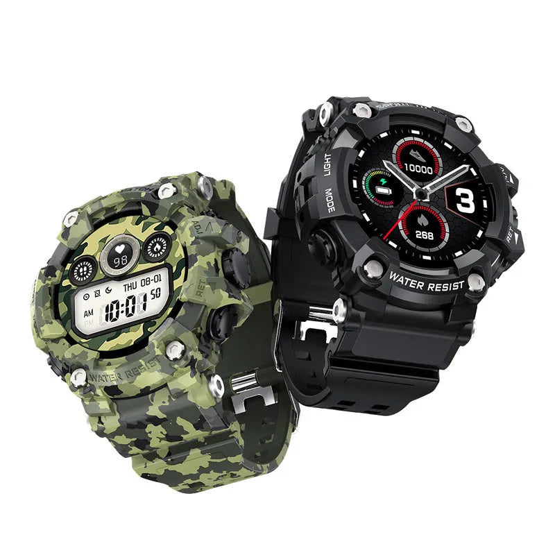 T6 Tactical Rugged Smart Watch in black or green with 1.3-inch screen and anti-sweat wristband.